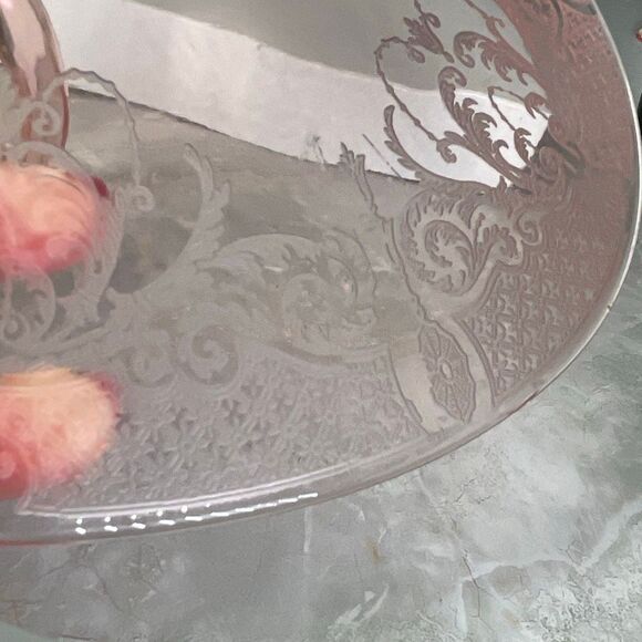 Pink Depression glass etched floral scroll pattern oval platter handle. - Picture 8 of 13